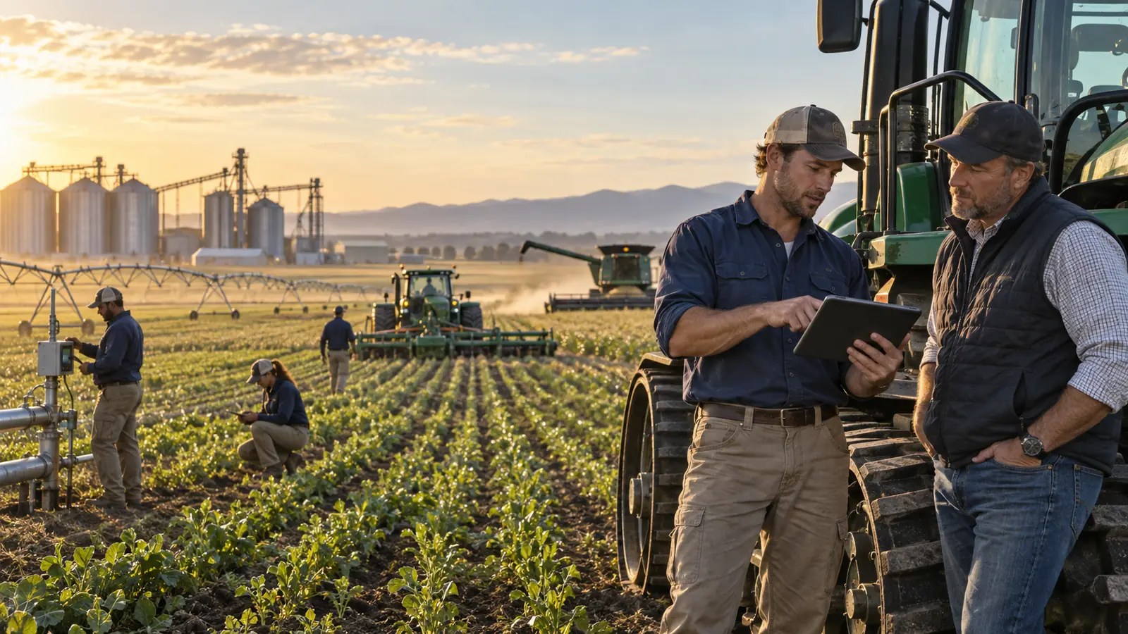 Farmworkers and a supervisor reviewing information on a tablet in an agricultural field at sunrise, with irrigation equipment and grain silos in the background.