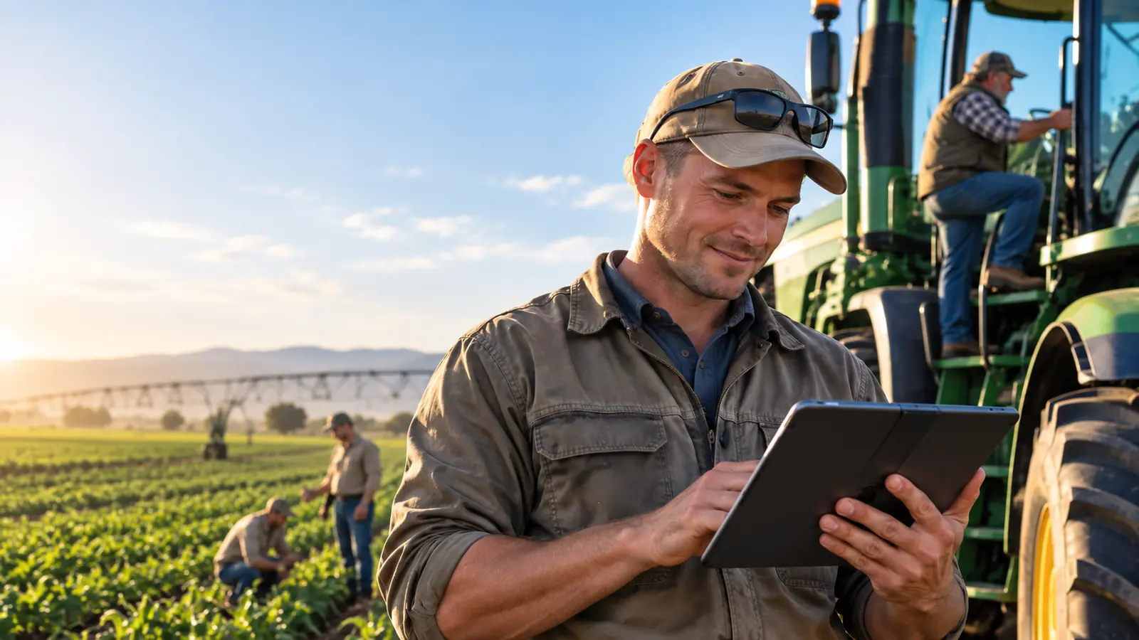 A farmworker reviewing his options on a tablet in the field at sunrise.