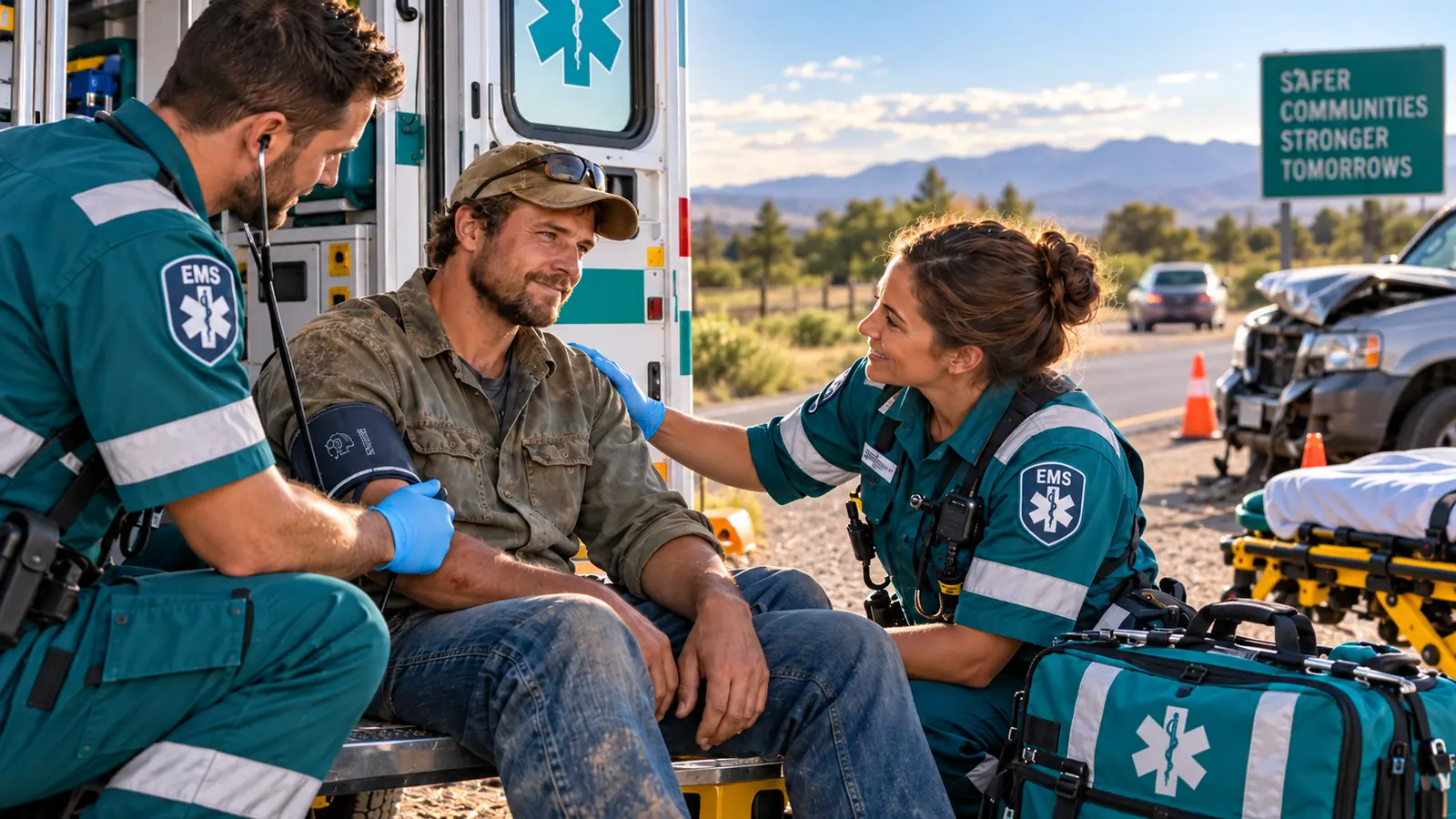 Two EMS paramedics attending to a farmworker at the back of an ambulance on a rural roadside.